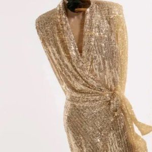 Zara Gold Sequin Wrap Dress NWOT